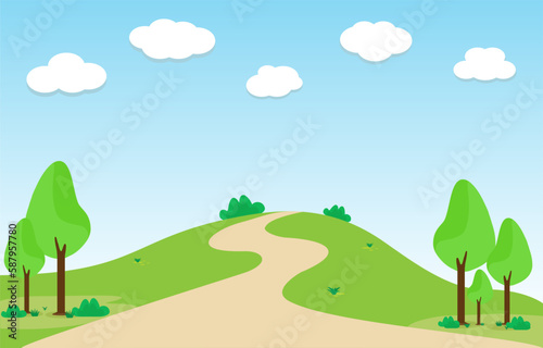 Fototapeta Naklejka Na Ścianę i Meble -  Green landscape Scene nature, sunny day in summer with clouds and hill. Vector illustration Flat design element for website or app