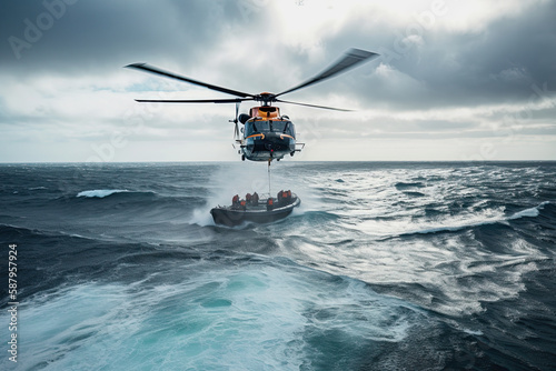 Search and rescue operation in sea. Emergency rescue helicopter flies over sea surface, looking for victims after crash. Created with Generative AI