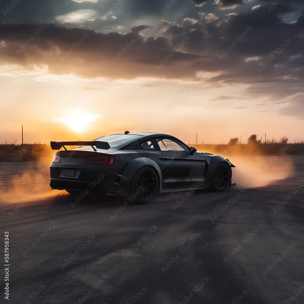 Matte black racing car drifting at sunset. AI