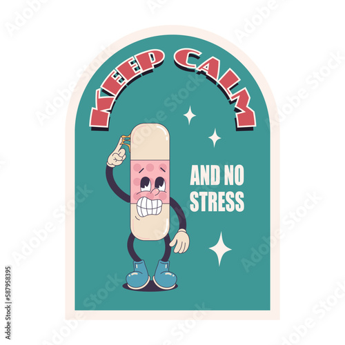 World health day stickers with slogans about taking care, keep calm and no stress, medical mascots. 70s retro cartoon chcracters and lettering. Linear hand drawn flat vector illustration
