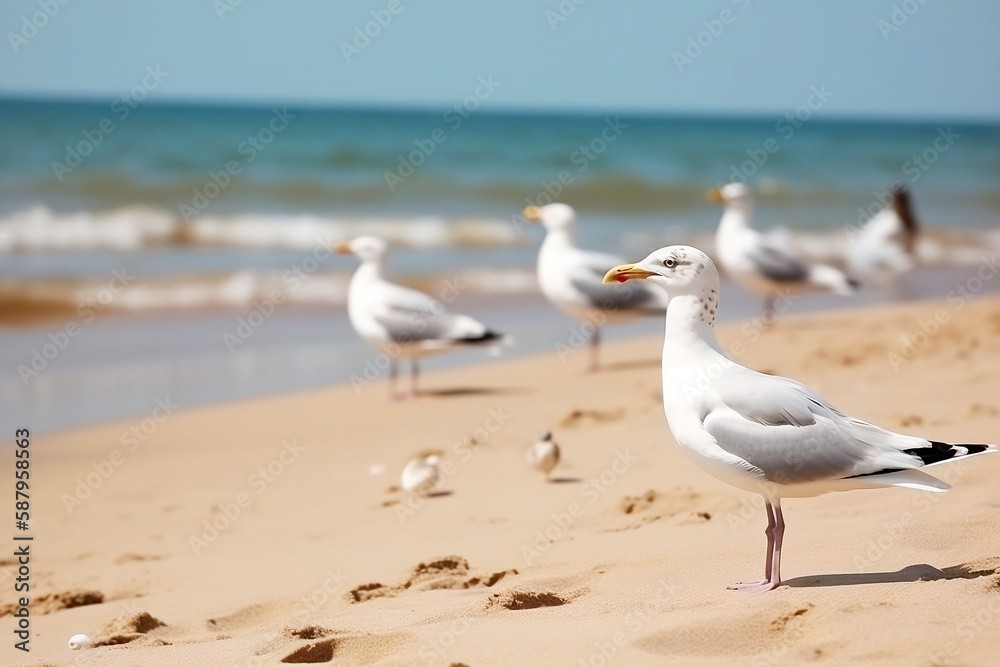 Close up of seagulls on the beach against the background of the sea, summer day generated by Ai Close up of seagulls on the beach against the background of the sea, summer day generated by Ai