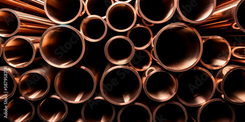 Close up of stacked copper pipes construction or manufacturing materials tube generated by Ai