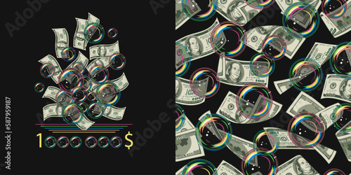 Pattern, label with flying dollar bills, soap bubbles. Concept of inflation, depreciation of money, disappearance of savings. Vector colorful illustration in vintage style.