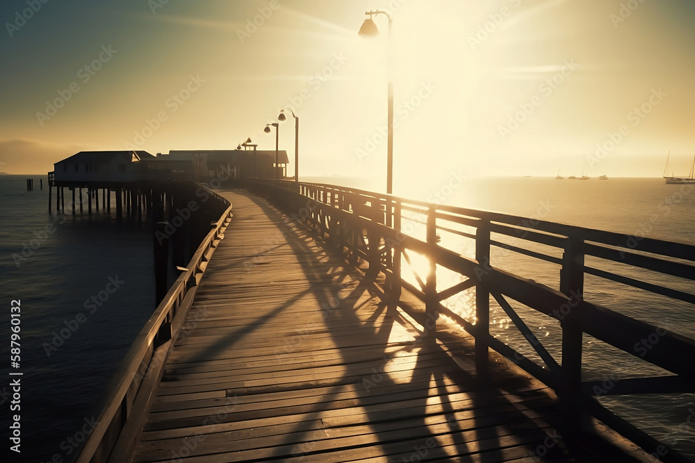 Wooden pier bridge in the beach at dawn sunset time generated by Ai Wooden pier bridge in the beach at dawn sunset time generated by Ai