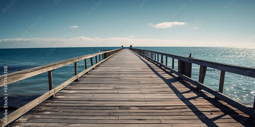 Wooden pier bridge in the beach at dawn sunset time generated by Ai