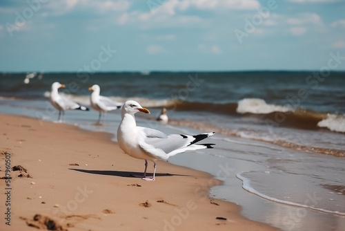 Close up of seagulls on the beach against the background of the sea  summer day generated by Ai