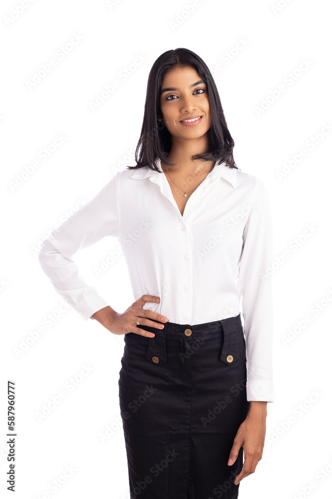 Indian young business woman gesturing on white. Indian young business woman gesturing on white.