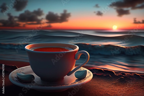 Coffee Cup Holiday Vacation Destination Beach Dawn And Copy Space Generative AI