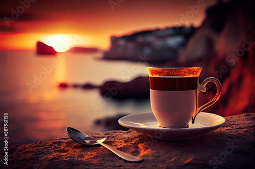 Coffee Cup Luxurious Resort Beach Sunset And Copy Space Generative AI