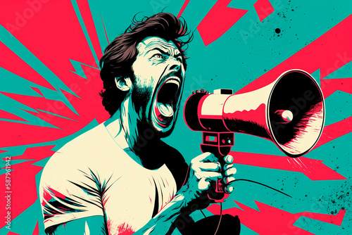 a character speaking into a megaphone, a man with a beard shouting about protest and his rights against a colorful pop art background, a workers' strike. Generative AI.