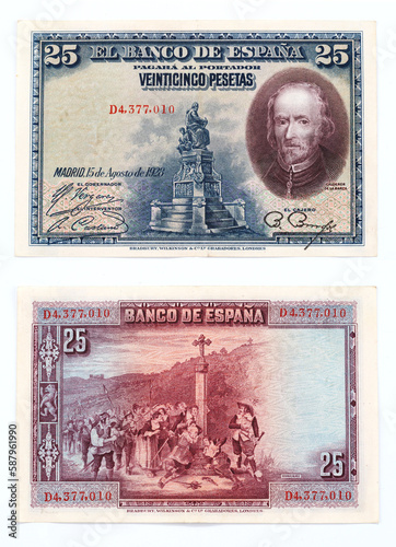 Spanish old banknote of 25 pesetas printed in 1928