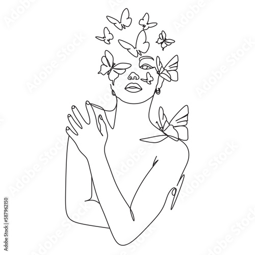 Woman face with butterfly. Abstract face with butterfly by one line vector drawing. Portrait minimalistic style. Botanical print.