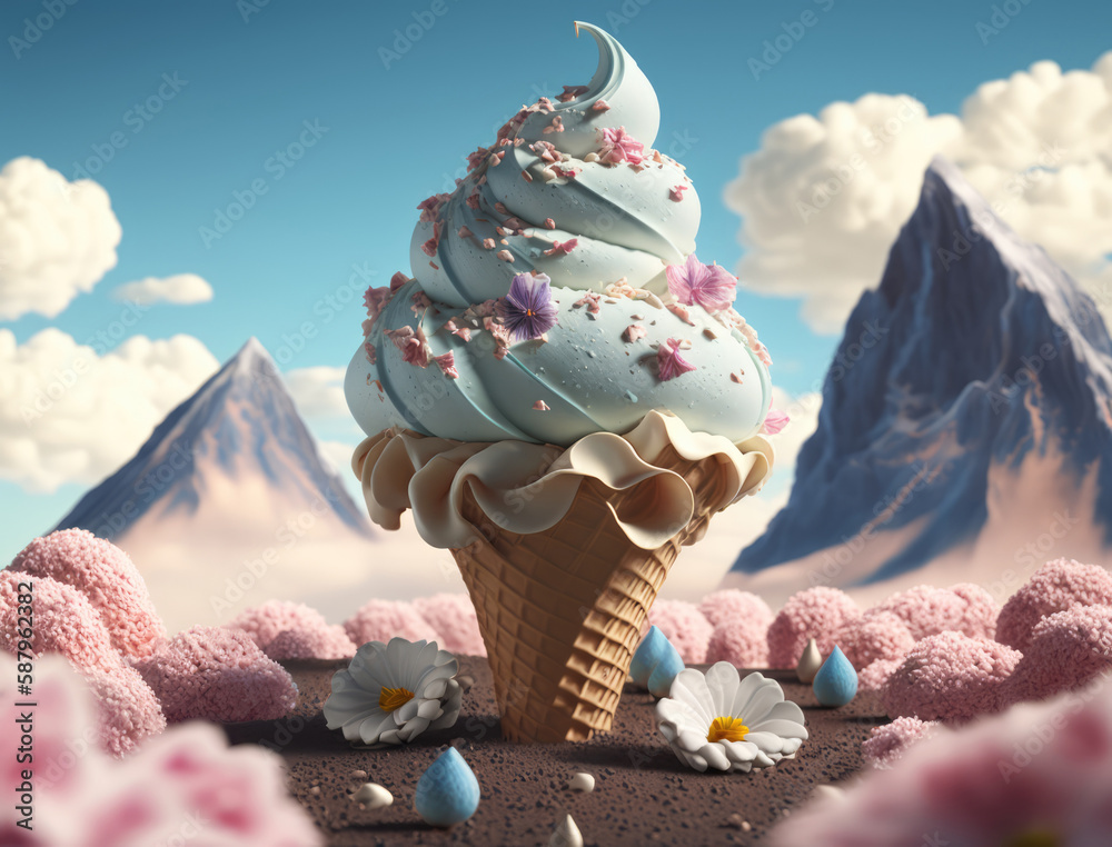 Ice cream. Ice cream land. Large soft ice cream. Fairy tale spring