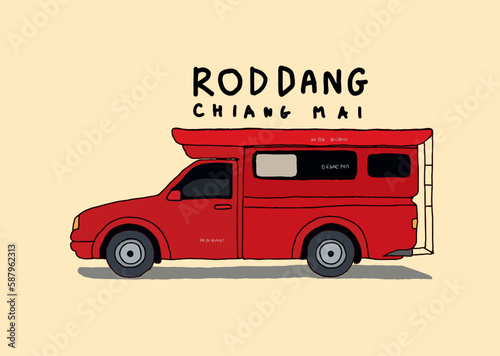 Chiang Mai red bus in Thailand, flat style illustration