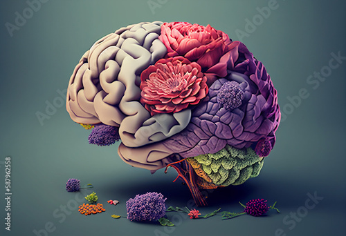 Human brain made of colorful flowers and leaves. 3D illustration. generative ai
