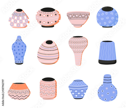 Ceramic flowerpots with ornaments vector set. Empty flower pots in hand drawn style. Collection of clay potteries for houseplants.