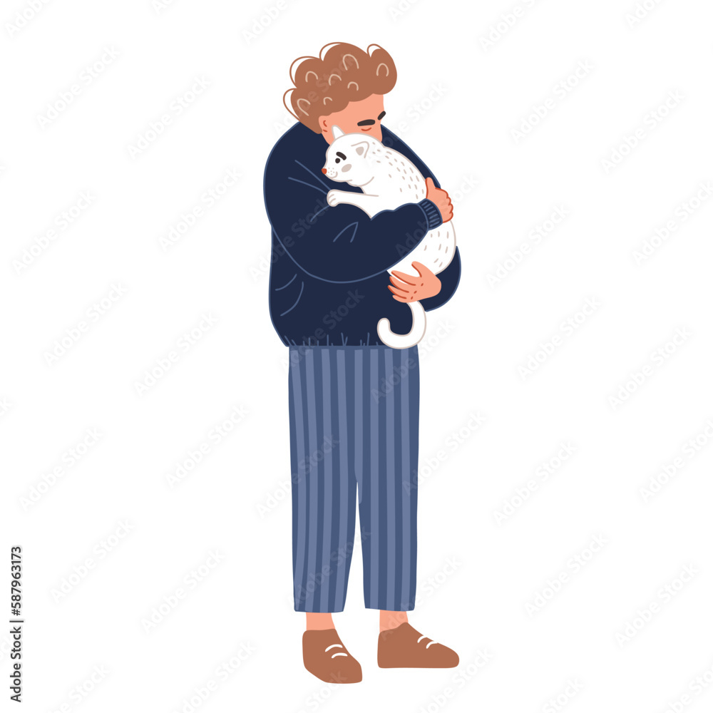 A happy man holds a white cat. The guy smiles at the funny kitten. isolated illustration