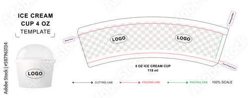 Ice cream cup die cut template for 4 ounce with 3D blank vector mockup for food packaging	