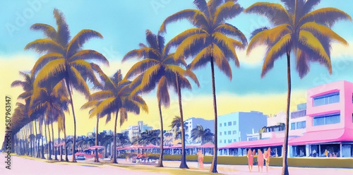 Stylized Miami Beach Scene Background Generative AI © Johnathan