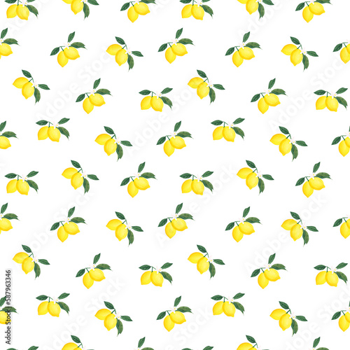 Watercolor seamless pattern with yellow lemon branch isolated on white background. Illustration for textures, wallpapers, fabrics.