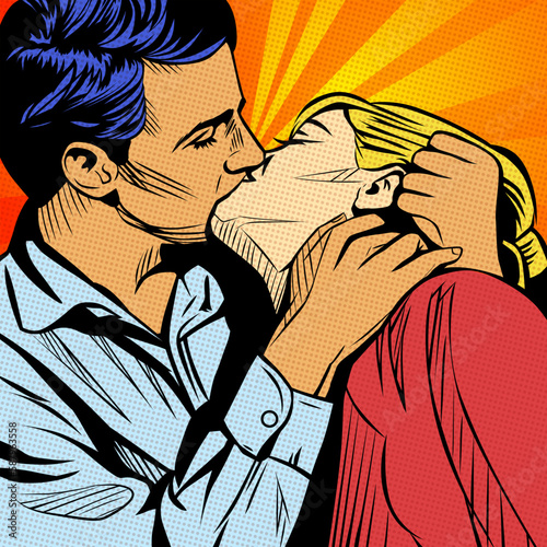 Retro lovers. Man and woman kissing in love, vector illustration of a typical American comic book page with rays and halftones