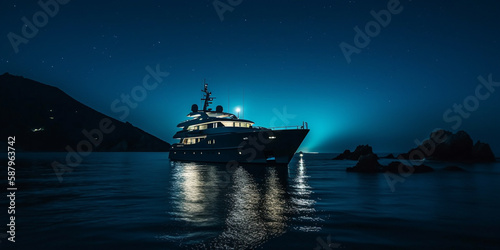 Yacht on the sea at night wide angle Generated AI © bahadirbermekphoto