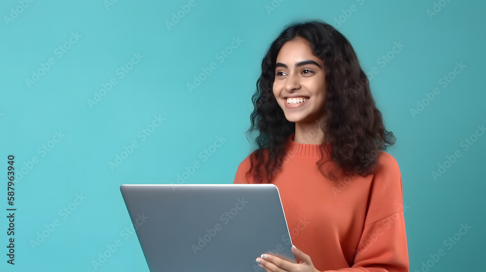 young latin woman smiling, working on her laptop young latin woman smiling, working on her laptop