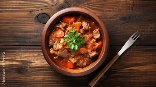 A Bowl of Goulash on  a Rustic Table