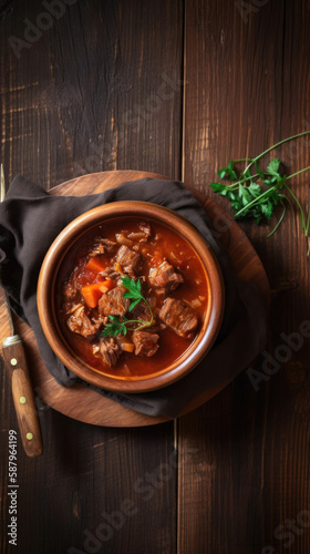 A Bowl of Goulash on a Rustic Table