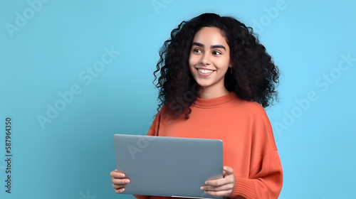 young latin woman smiling, working on her laptop