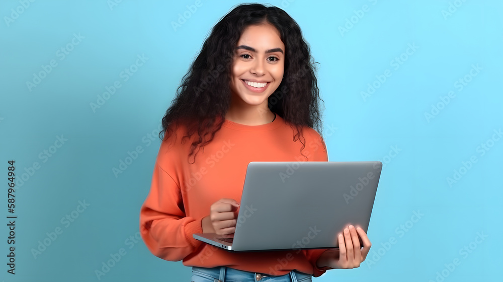 young latin woman smiling, working on her laptop young latin woman smiling, working on her laptop