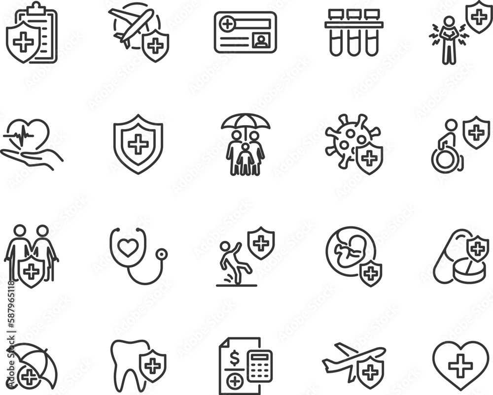 Vector set of medical insurance line icons. Contains icons insurance life, accident, travel, illness, family, insurance card, medical test and more. Pixel perfect.