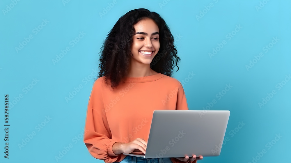 Naklejka premium young latin woman smiling, working on her laptop
