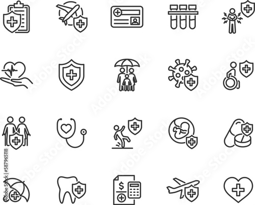 Vector set of medical insurance line icons. Contains icons insurance life, accident, travel, illness, family, insurance card, medical test and more. Pixel perfect.