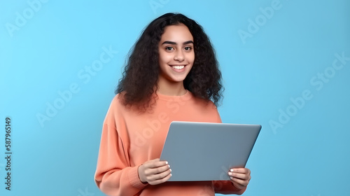 young latin woman smiling, working on her laptop