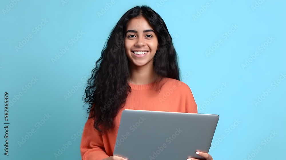 young latin woman smiling, working on her laptop young latin woman smiling, working on her laptop