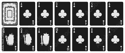 black clubs playing card suits set. White hearts, spades, diamonds, aces cards sign. A winning poker hand. Poker, gambling concept. Template for casino, web design, mobile games. Vector illustration
