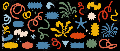 Vector trendy quirky shapes. Strange organic and geometric shapes, icons, objects. Various contemporary abstract stylish brutalism geometric shapes. Modern abstract doodles isolated on black backdrop
