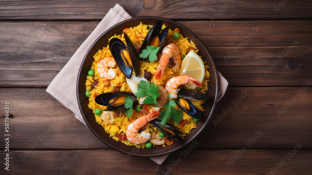 A Bowl with Paella in a Rustic Setting A Bowl with Paella in a Rustic Setting