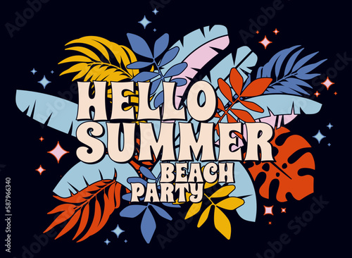 Vector Hello Summer Beach Party funky greeting card. Bright subdued colors in retro 90s style. Summer time tropic leaves background. Groovy tropical promotional banner wallpaper, flyer, poster design