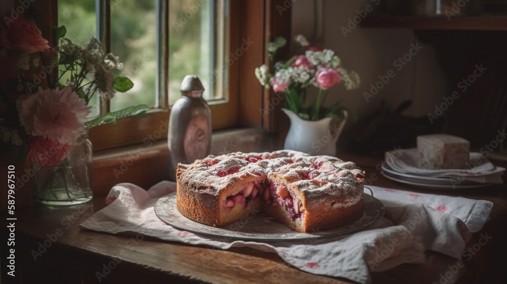 German Rhubarb Cake with natural light in beautiful enchanted country kitchen setting