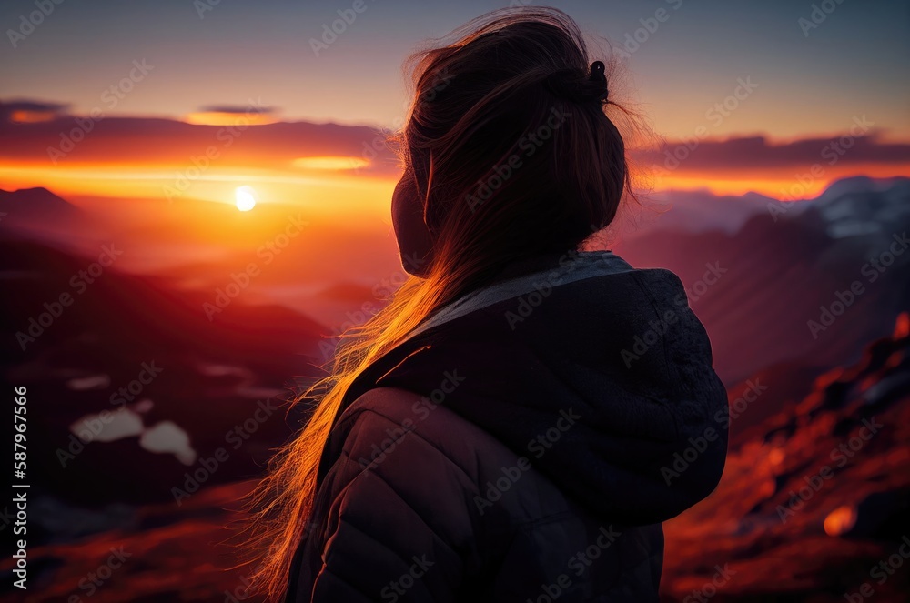 Woman Hiking In Mountains At Dusk With Open Background Generative AI Woman Hiking In Mountains At Dusk With Open Background Generative AI