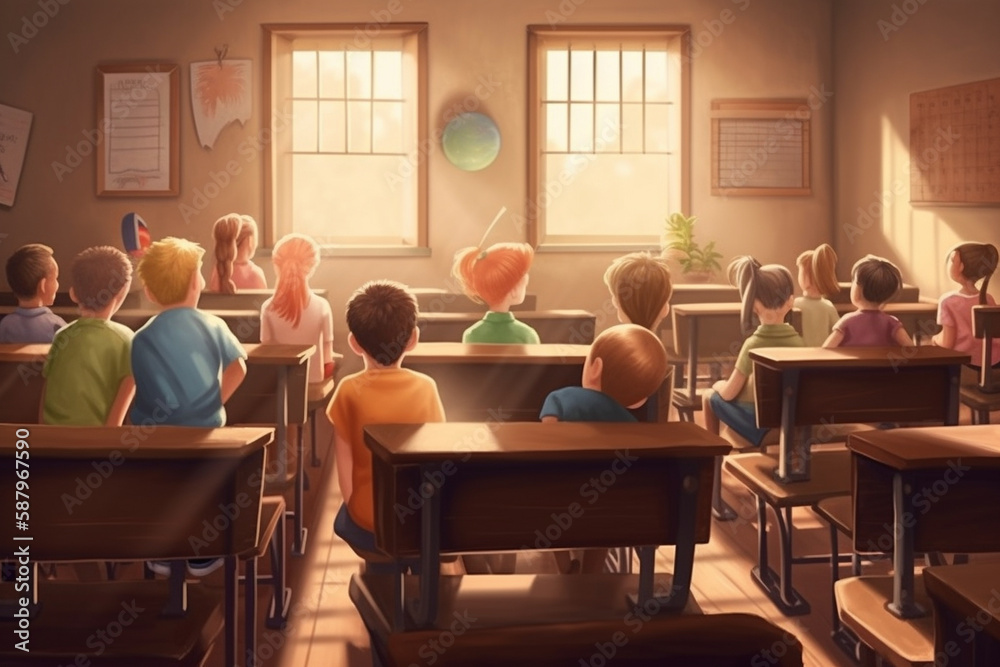 An engaging illustration of a classroom from the back, filled with children eagerly learning and interacting. Ai generated.