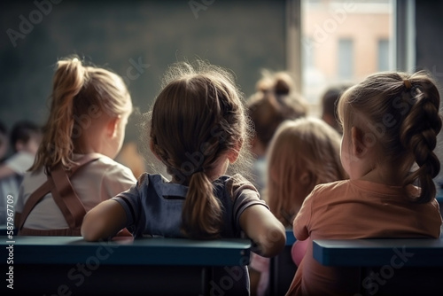 An engaging illustration of a classroom from the back, filled with children eagerly learning and interacting. Ai generated.