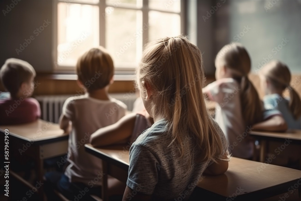 An engaging illustration of a classroom from the back, filled with children eagerly learning and interacting. Ai generated. An engaging illustration of a classroom from the back, filled with children eagerly learning and interacting. Ai generated.