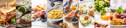 Different type of breakfasts in a mixture of pictures for the morning meals food concept