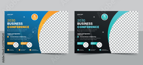 Corporate horizontal business conference flyer template or online webinar flyer, event invitation social media banner layout.