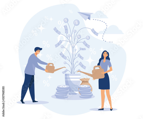 Deposit concept. Longterm money saving finance. Tiny people put money in bank safe with dollars. Bank account, banking, bank security, safety, money tree, flat vector modern illustration