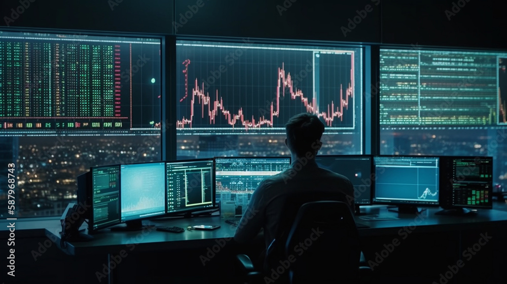 Trader's monitor with charts and indicators. Background created with Generative AI technology