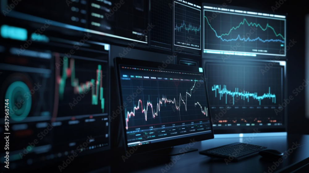 Trader's monitor with charts and indicators. Background created with Generative AI technology Trader's monitor with charts and indicators. Background created with Generative AI technology